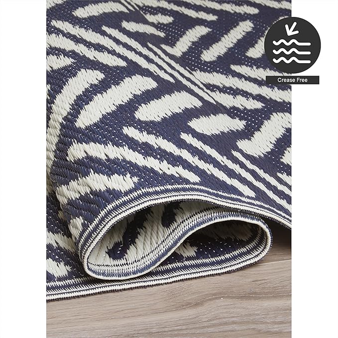 FH Home Outdoor Camping Rug - Waterproof, Fade Resistant, Reversible - Premium Recycled Plastic - Herringbone - Large Patio, Deck, Sunroom, RV - Fresno - Navy - 9 x 12 ft Foldable