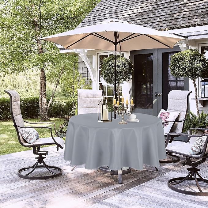 LUSHVIDA Round Outdoor Tablecloth with Umbrella Hole and Zipper, 60 Inch Silver, Washable Waterproof Table Cloth Spill Proof Wrinkle Free Table Cover for Patio Spring Summer Picnic BBQS