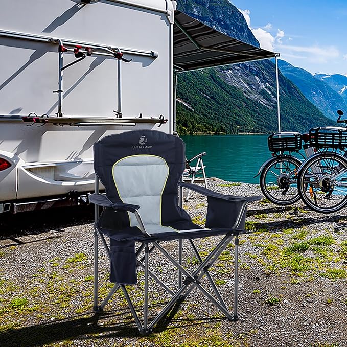 LET'S CAMP Oversized Folding Camping Chair Portable Outdoor Heavy Duty Padded Chairs Lawn Chair with Cup Holder, Storage Pocket and Cooler Bag, Supports 450LBS, for Camp, Travel, Picnic,2 Pack(Blue)