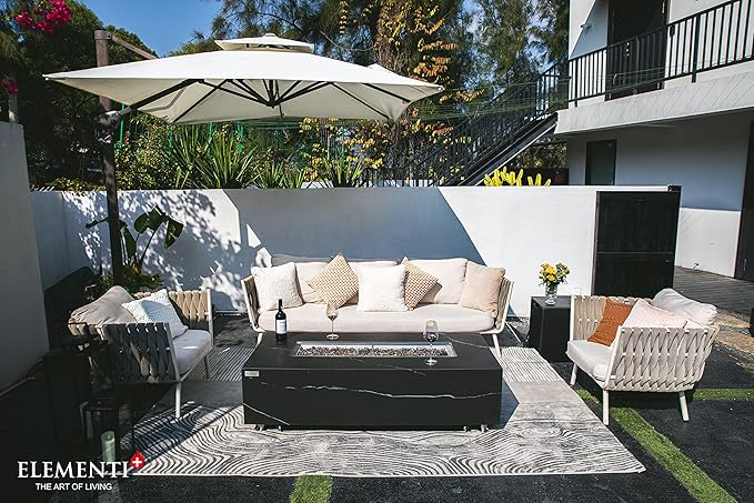 Elementi+ | Bundle Varna Gas Fire Pit | Marble Porcelain & Metal Frame | 60" Rectangular Fire Table | Electronic Ignition | Canvas Cover, Fire Glass & Burner Lid Included | Black | Natural Gas