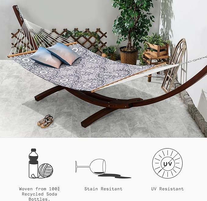 Fab Habitat Farmhouse Recycled Polyester Hammock - Spanish Tile - Blue - Indoor/Outdoor, Quick Dry, 2 Person 460 lbs Capacity - Patio, Poolside, Backyard, Garden, Beach, Balcony - 12-14 ft Adjustable