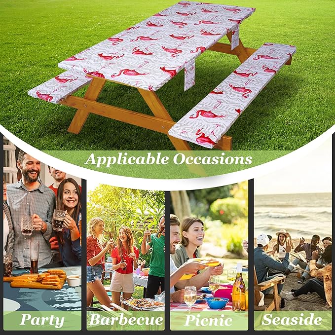 Picnic Table Cover with Bench Covers Vinyl Elastic Edges Fitted Rectangle Tables Seat Waterproof 3-Piece 96X30in Set Outdoor Rectangular Folding Backing Tablecloth for Camping Over Size White Flamingo