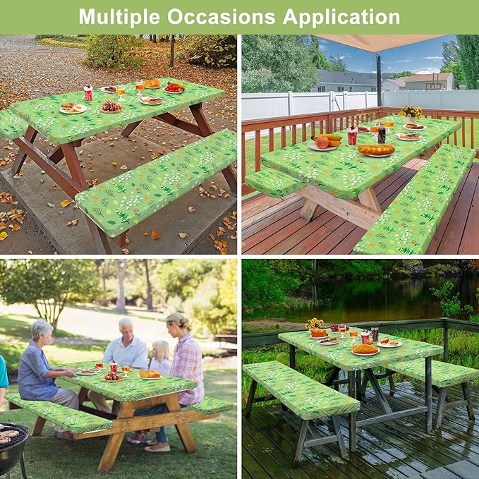 Picnic Table Cover with Bench Covers Camping Essentials Waterproof Windproof Camping Tablecloth with Drawstring Bag, Fitted Rectangle Tables and Seats, 60in, Grass Green