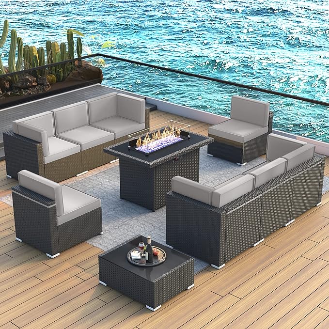 LayinSun 10 Piece Patio Furniture Set with 44" Propane Gas Fire Pit Table, Outdoor Sectional Conversation Set Wicker Rattan Sofa Set with Coffee Table