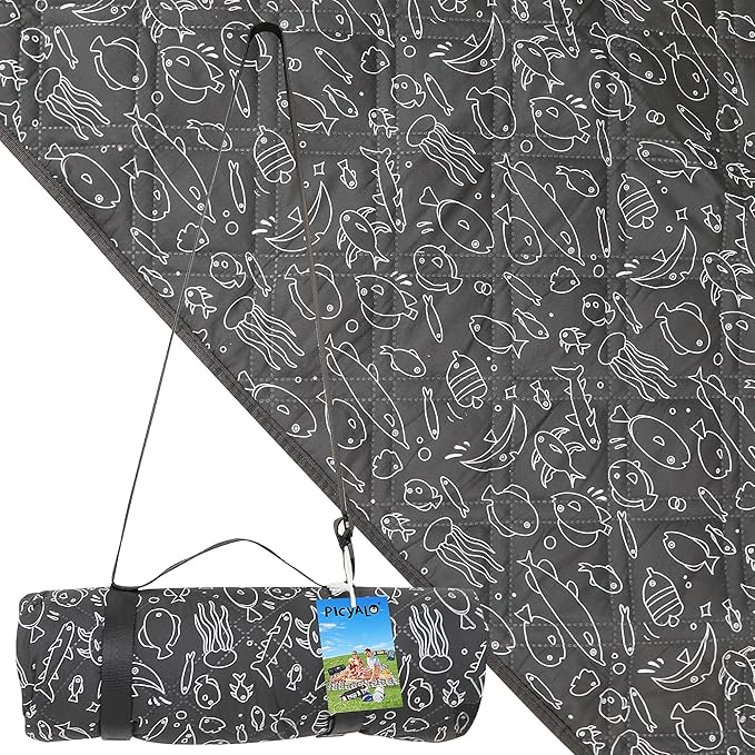 Outdoor Picnic Blanket Black Fish 80"x80" Large Sandproof Beach Blanket Waterproof Picnic Blankets Foldable for Caming, Beach, Outdoor Activities.