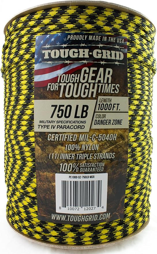 TOUGH-GRID Paracord Rope 750 lbs Nylon Parachute Cord, Made in USA Survival Kit, Outdoor Adventures, Camping, Tactical Gear & Emergency Supplies, Military Type IV Mil-Spec