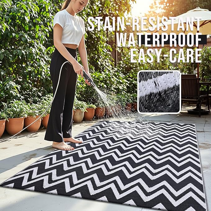OLANLY Waterproof Outdoor Rug 5x8 ft Clearance, Reversible Outdoor Plastic Straw Rug, RV Mat, Indoor Outdoor Carpet for Patio, Camping, Balcony, Deck, Backyard, Black & White