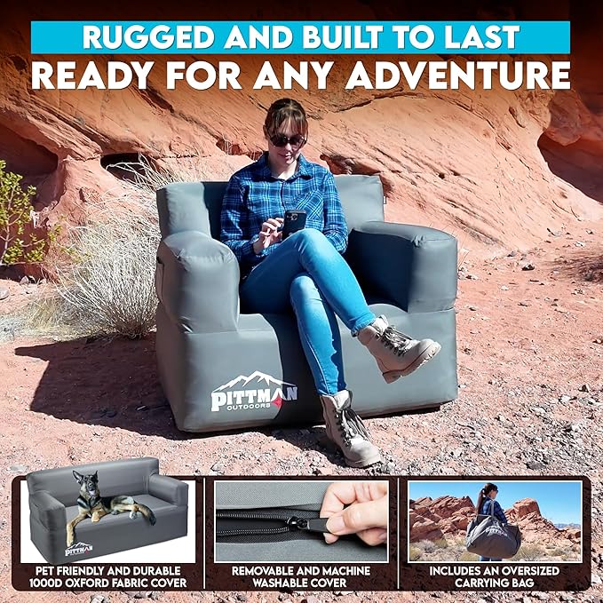 Pittman - Inflatable Chair for Camping with Built in Pump - Portable Inflatable Couch for Adults Holds 350lb's - Blow Up Chair for Movie Nights, Outdoor Blow up Furniture or Air Sofa for Camping