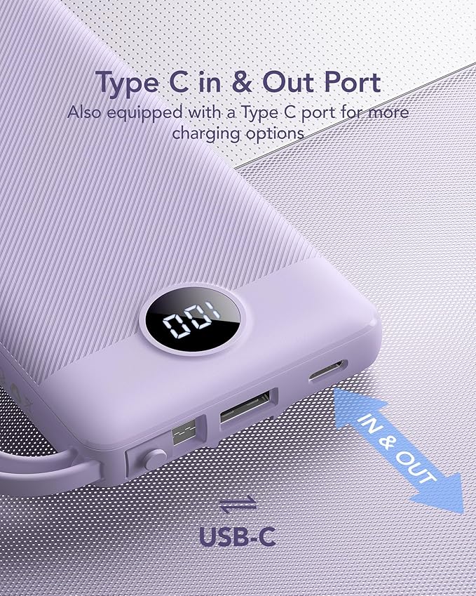 VRURC Portable Charger Power Bank, 10000mAh Travel Essentials Battery Pack, 5 Outputs 2 Inputs Slim Charging Bank Built-in Cables Cords Wires Compatible with iPhone,Samsung,Android-Lavender(1 Pack)