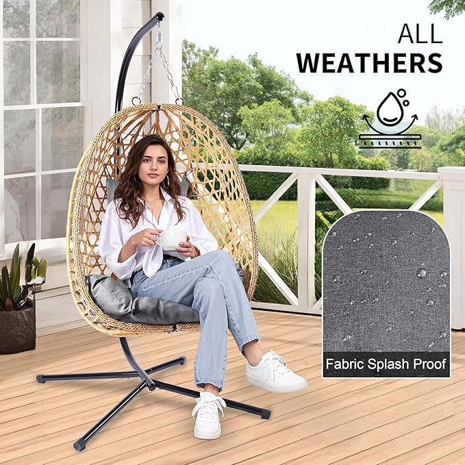 Egg Chair with Stand, Patio Wicker Hanging Chair, Hammock Swing Chair, 350LBS Capacity for Bedroom, Balcony, Garden (YE-GR)