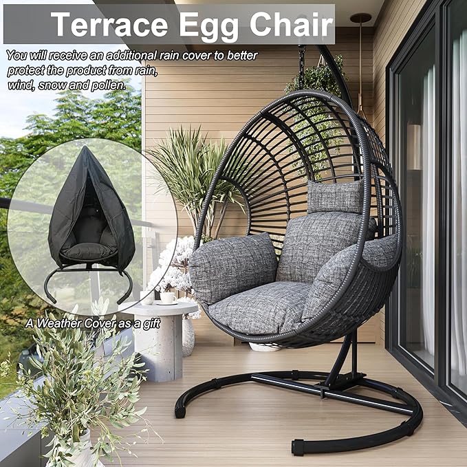 Hanging Egg Chair with Stand - Egg Swing Chair Outdoor Indoor Patio Wicker Chair Swing Hammock Egg Chairs 400lbs Capacity for Outside Patio, Bedroom, Garden and Balcony (Black-Regular, 2P)