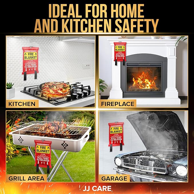 JJ CARE Fire Blanket – 4 Packs with Hooks and Gloves – 40” x 40” Fire Blankets Emergency for Home and Kitchen, High Heat Resistant and Flame Protection for Kitchen, Car, Office, Camping & Home Safety