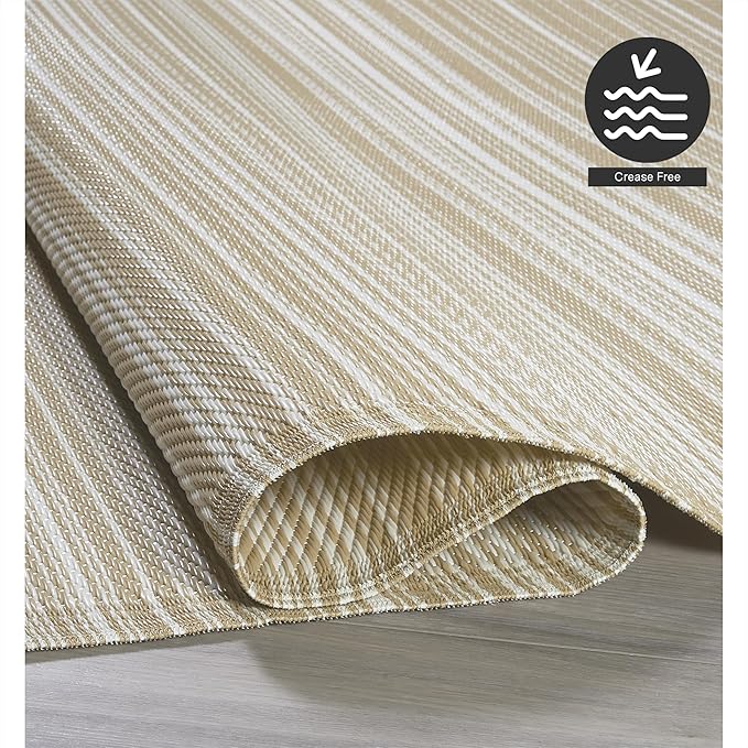 FH Home Outdoor Rug - Waterproof, Fade Resistant, Reversible - Premium Recycled Plastic - Striped - Patio, Deck, Porch, Balcony - Havana - Beige Crease Free - 5 x 8 ft