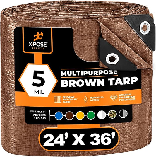 Multipurpose Protective Cover Brown Poly Tarp 24' x 36' - Durable, Water Resistant, Weather Resistant - 5 Mil Thick Polyethylene - by Xpose Safety