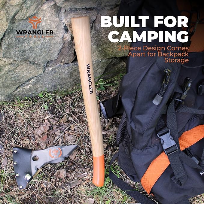 Wrangler Tools - Titanium Camp Axe - 18" & 11.5" Wood Hickory Handles - Tomahawk Axe Spike End - 2-Piece Slip-Fit Design - Includes Blade Sheath and 2 Handles - Survival Axe