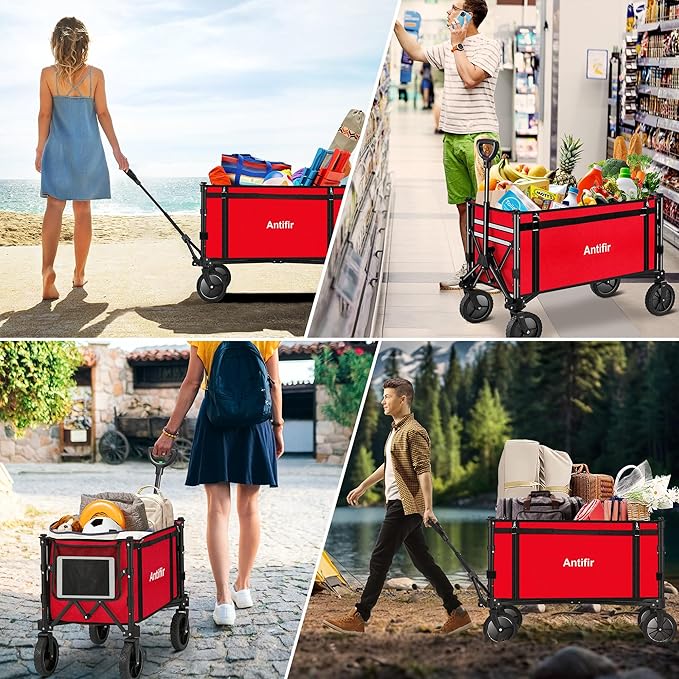 Collapsible Wagon Carts,Folding Wagon Cart with All Terrain Wheels,Heavy Duty Garden Carts with Adjustable Handle,Outdoor Utility Wagon for Camping Shopping Sports Fishing（Red）