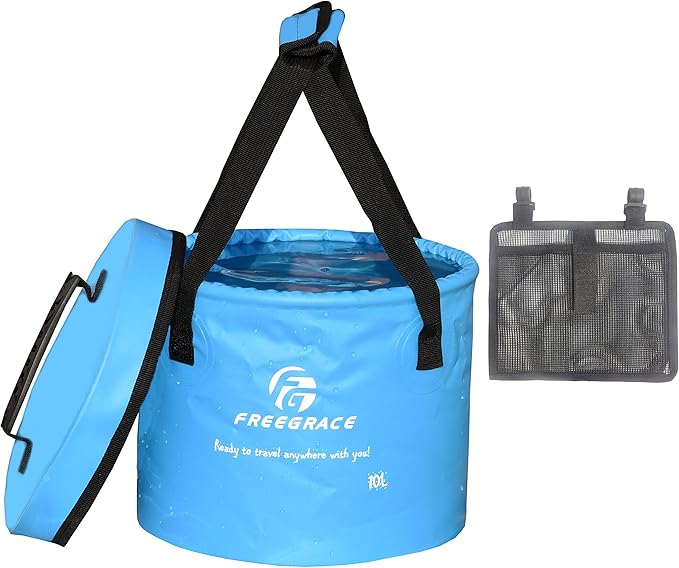 Premium Collapsible Bucket by Freegrace - Compact Portable Folding Water Container - Lightweight & Durable - Includes Handy Tool Mesh Pocket