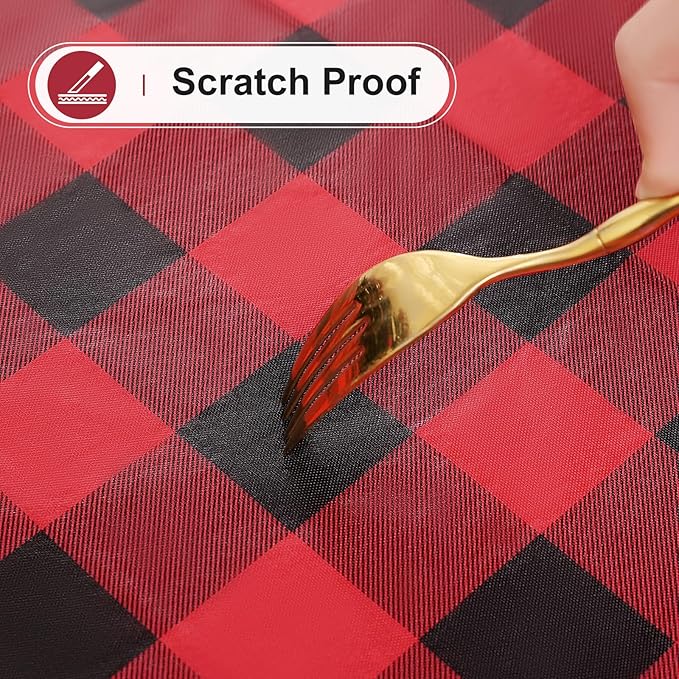 misaya Rectangle Waterproof Vinyl Table Cloth, Buffalo Flannel Backed Tablecloth, Wipeable Plastic Table Cover for Dinner, Kitchen, Picnic (60" x 84", Red and Black)
