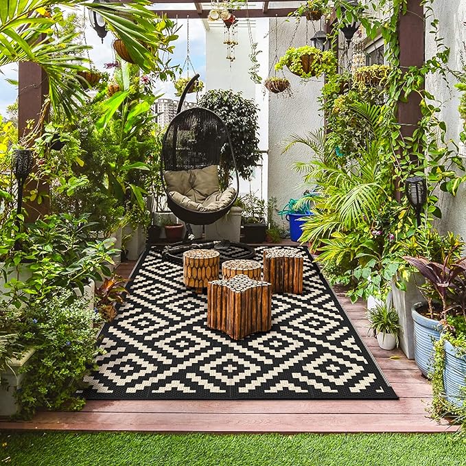 GENIMO Outdoor Rug for Patio Clearance,6'x9' Waterproof Mat,Reversible Plastic Camping Rugs,Rv,Deck,Porch,Camper,Balcony,Backyard (Black & Beige)