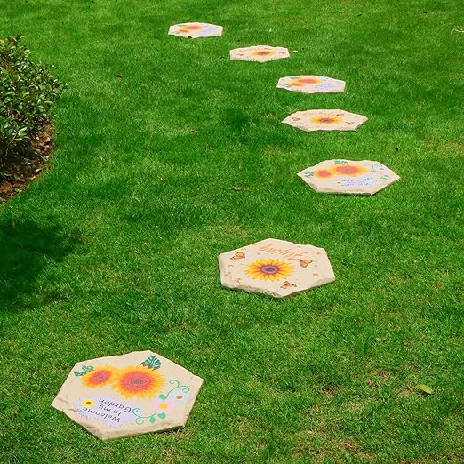 4Pcs Hexagon Sunflower Stepping Stone Outdoor Garden Walkway, Durable Plastic Pavers for Patio, Pathway, and Landscaping, Weatherproof Stepping Stone with Ground Stakes for Easy Installation