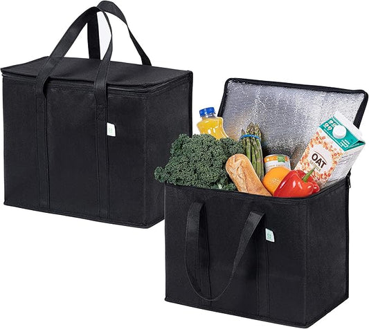 VENO 2 Pack Cooler Bags - Insulated for Food Delivery, Collapsible and Reusable Shopping Bags with Zipper, Foldable, Heavy-Duty, Stands Upright - Ideal for Groceries (Black, 2 Pack)
