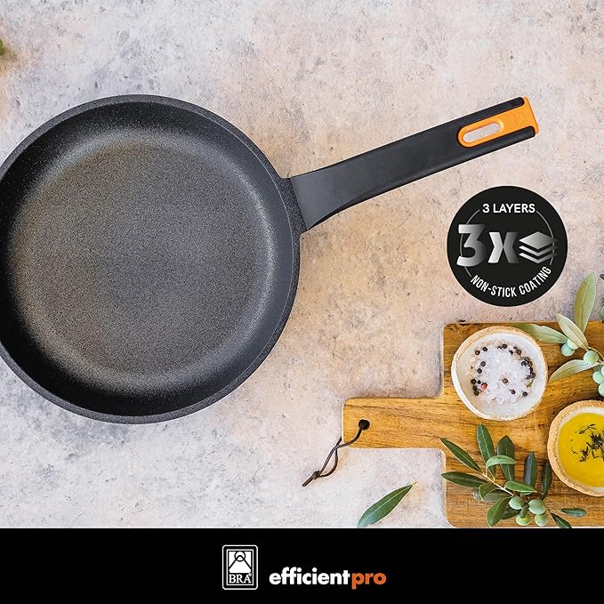 BRA COOKWARE Efficient Pro 3 Frying Pan Set | 8 + 9.5 + 11 inches Cast Aluminum Frypans | Profile Plus Non-Stick | All Heat Sources Compatible | PFOA Free | Heat-Resistant Handle | Non Deformable