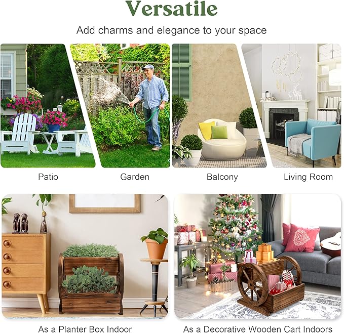 Wooden Wagon Planter Box, Garden Planter with Wheels,Decorative Planter for Flowers Herbs Vegetables for Indoor & Outdoor Décor, Flower Cart for Patio Garden Balcony