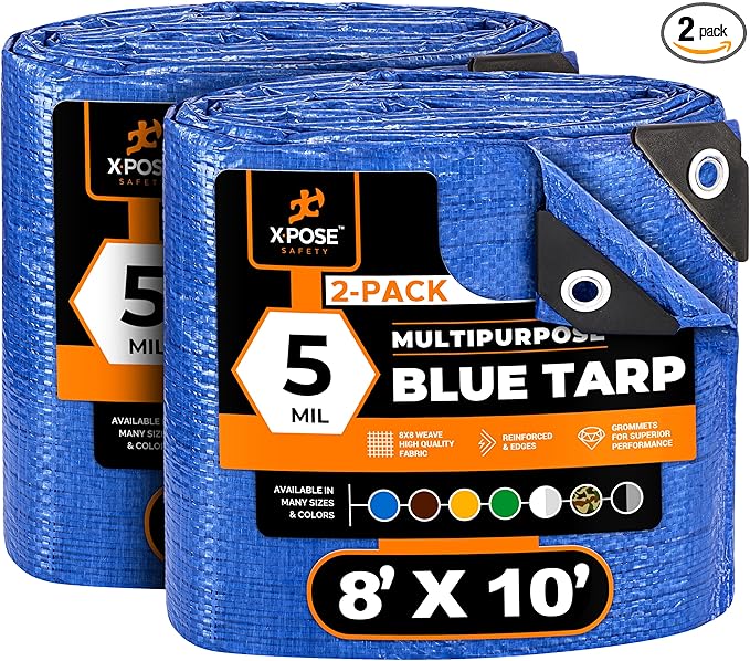 Better Blue Poly Tarp 8' x 10' (2-Pack) - Multipurpose Protective Cover - Lightweight, Durable, Waterproof, Weather Proof - 5 Mil Thick Polyethylene - by Xpose Safety