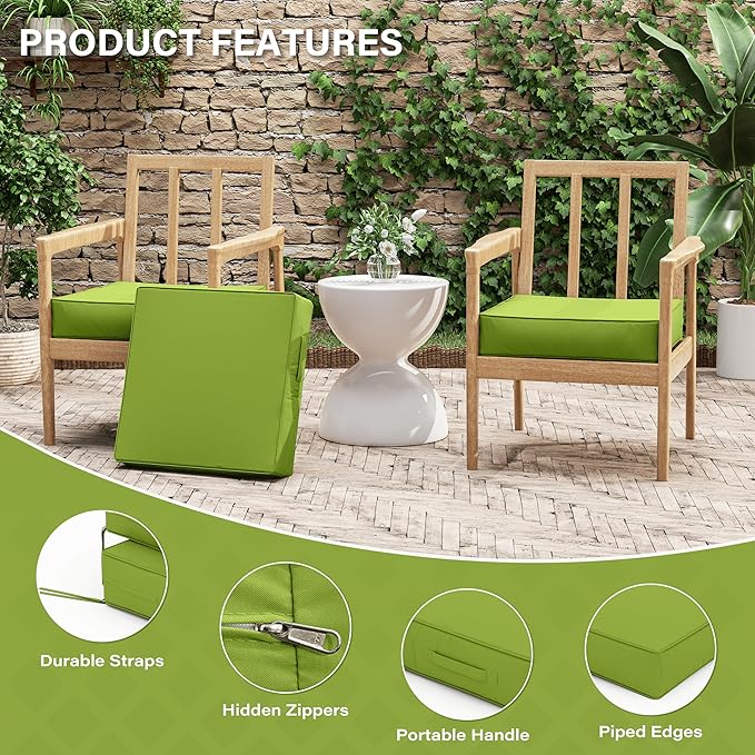 Patio Chair Cushions 19 X 19 X 4 Inch Waterproof Outdoor Seat Cushions for Patio Furniture, Outdoor Sofa Couch Pads with Ties & Handle, Set of 2, Grass Green
