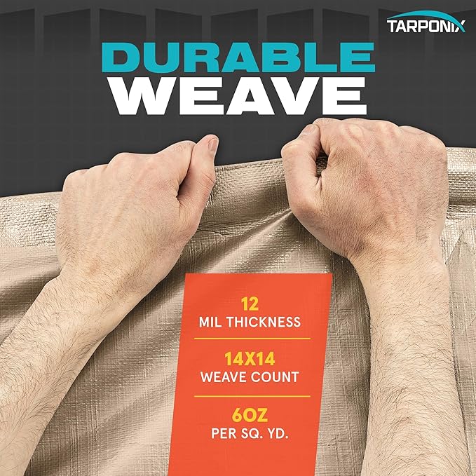 20' x 20' Extra Heavy-Duty Tan Poly Tarp – 12 Mil Thick, Waterproof, UV-Resistant Polyethylene with Reinforced Edges, Double-Stitched Hems, and Rustproof Grommets