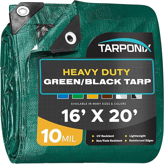 16' x 20' Dual-Sided Heavy-Duty Tarp – 10 Mil Tear-Resistant Green & Black Cover with Reinforced Edges and Anti-Rust Grommets