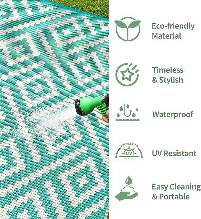 GENIMO Outdoor Rug for Patio Clearance, 6'x9' Waterproof Camping Mat, Reversible Plastic Straw Rugs for RV, Camper, Balcony, Backyard, Picnic, Deck (Lake Green & Beige White)