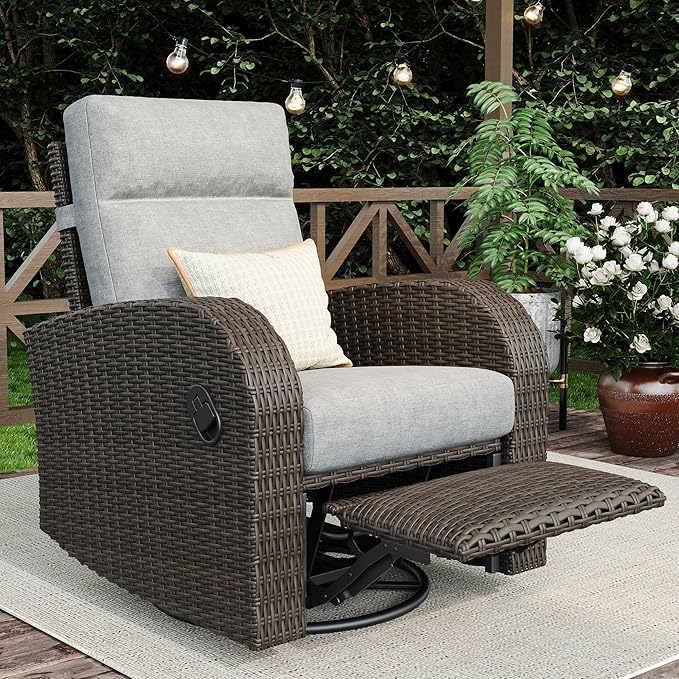 Outdoor Wicker Recliner Chair High Back Patio 360°Swivel Reclining Lounge Chair with 6-Inch Thick Cushion