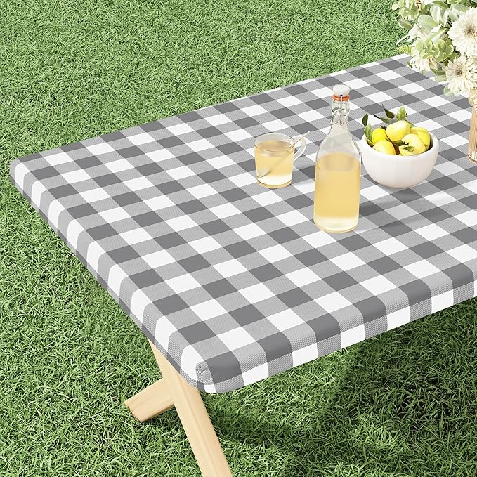 misaya Buffalo Rectangle Picnic Tablecloth, 6 Foot Elastic Fitted Vinyl Table Cloth with Flannel Backing, Waterproof Plaid Table Covers for Dining, Camping, Outdoor (Grey and White, 30" x 72")