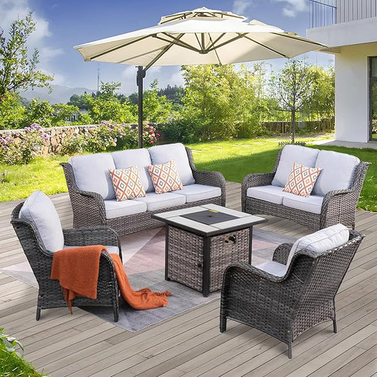 ovios 5 Pieces Patio Furniture Set with 30" Fire Pit Table, Outdoor Wicker Sofa with Loveseat, Comfy Cushions, High Back Couch Conversation Set, Grey Rattan, Grey