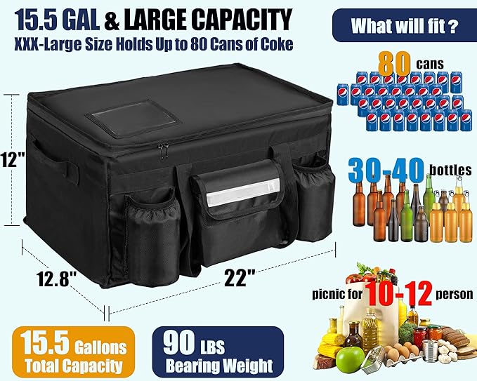 MyLifeUNIT 80 Cans Insulated Cooler Bag for Food & Pizza Delivery Bag Suitable for Car, Bike, Camping, Picnic, Beach, XXX-Large Size