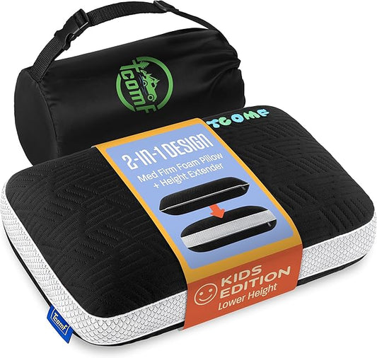 Kids Camping Pillow: Dual-Cover Memory Foam Small Pillow; Medium-Firm Camp Pillow | Mini Pillow w/ 5 Layers for Comfort and Support; Small Travel Pillow/Compact Pillow 10x16 Inches (Black)