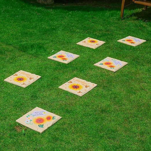 4Pcs Square Sunflower Stepping Stone Outdoor Garden Walkway, Durable Plastic Pavers for Patio, Pathway, and Landscaping, Weatherproof Stepping Stones with Ground Stakes for Easy Installation