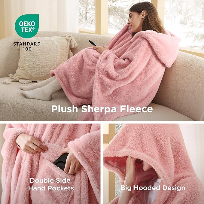 Bedsure Blanket Poncho for Women, Hooded Wearable Fleece Blanket for Adult, Winter Poncho Shawl Wrap Cape as Gifts for Mom