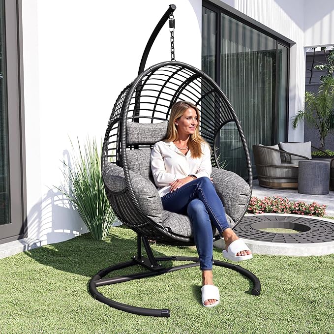Hanging Egg Chair with Stand - Egg Swing Chair Outdoor Indoor Patio Wicker Chair Swing Hammock Egg Chairs 400lbs Capacity for Outside Patio, Bedroom, Garden and Balcony（Black, 1PC）