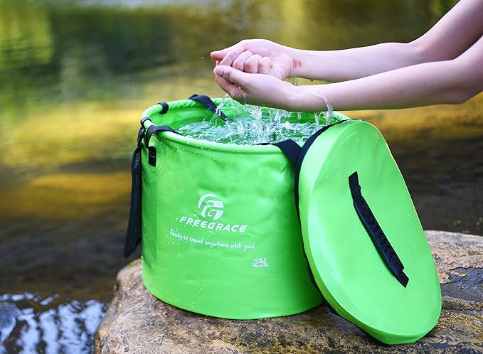 Premium Collapsible Bucket by Freegrace - Compact Portable Folding Water Container - Lightweight & Durable - Includes Handy Tool Mesh Pocket
