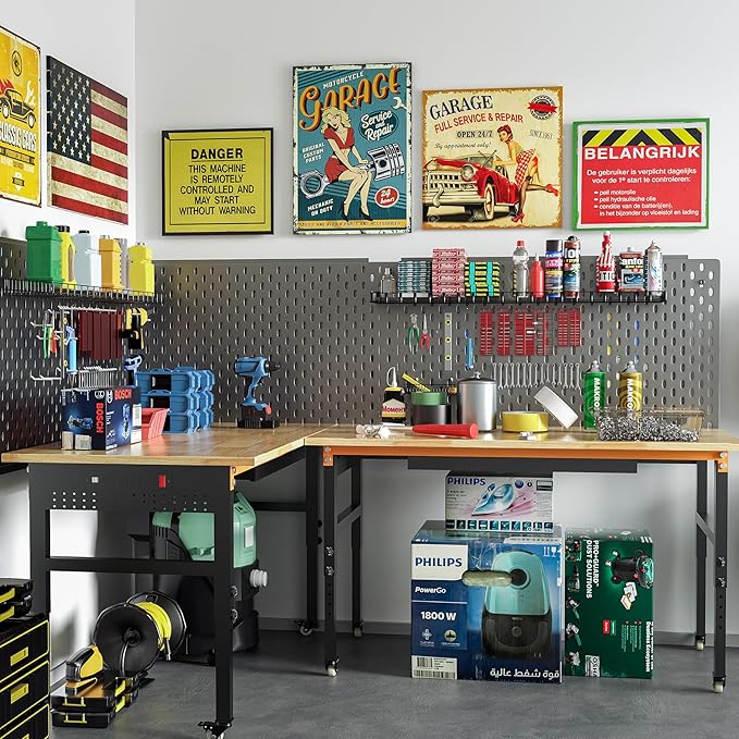 60" Adjustable Workbench on Wheels, 2000 LBS Heavy Duty Work Table with Power Outlets & Pegboard, Rubber Wood Workstation for Garage, Workshop, Office, Home, Commercial