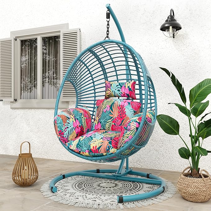 Oversized Hanging Egg Chair Outdoor Wicker Swing Chair with Stand Rain Cover UV Resistant Cushion 400lbs Capacity for Patio, Garden and Balcony