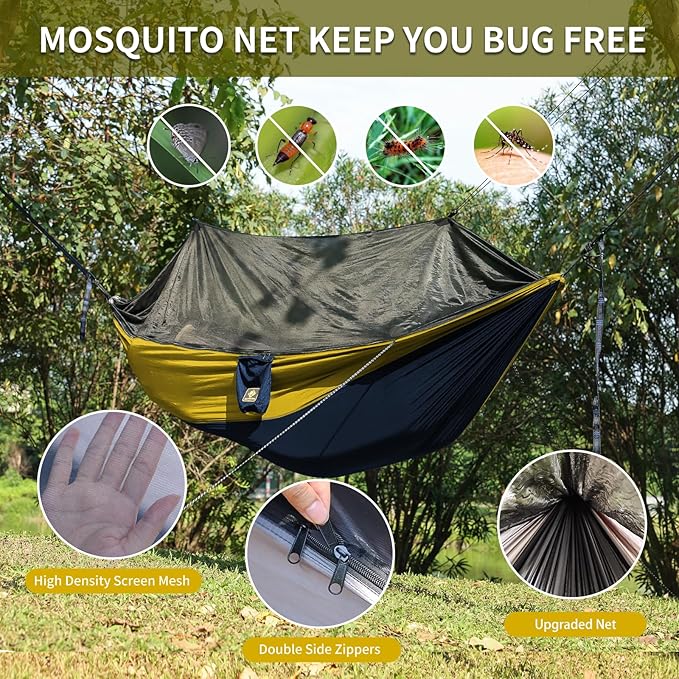 Camping Hammock with Net,Travel Portable Lightweight Hammocks with Tree Straps and Solid D-Shape Carabiners,Parachute Nylon Hammock for Outsides Backpacking Beach Backyard Patio Hiking