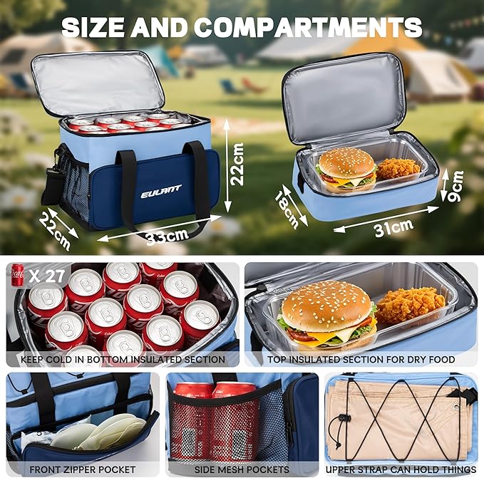 EULANT Large Waterproof Cooler Bag with Removable Lunch Bag,27 Can Collapsible Insulated Ice Chest Leak-Proof Cooler Bag for Men & Women Work Outdoor Beach Trips