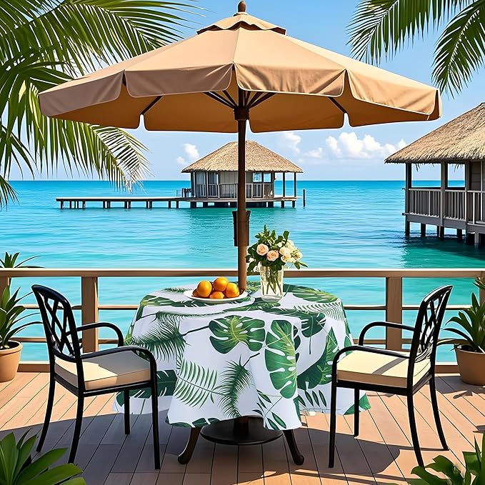 SquarePie 52'' Round Outdoor Tablecloth with Zipper and Umbrella Hole, Waterproof Spillproof Zippered Table Cloth Cover for Picnic Patio Family Gatherings, Palm Leaf