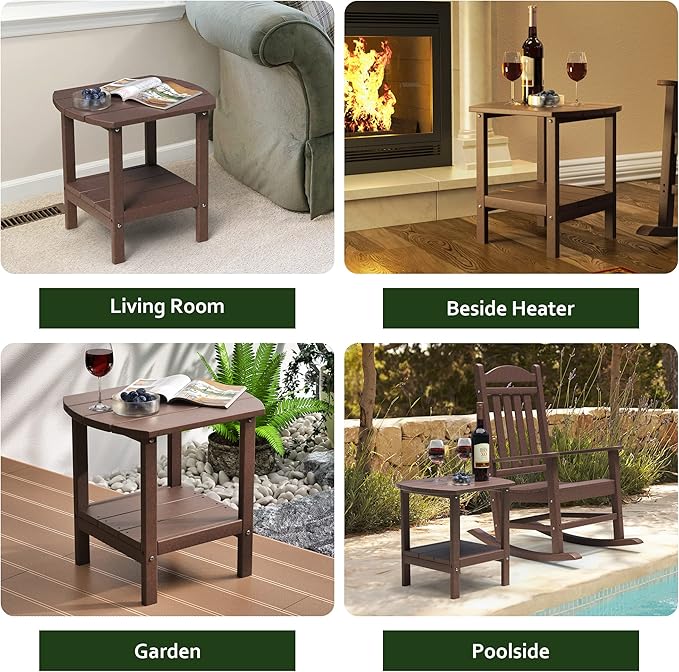 TORVA Patio Adirondack Side Table, Outdoor End Tables All-Weather Resistant HDPE Humidity-Proof Long Time Use for Deck, Lawn,Garden, Porch, Backyard End Table（Brown Color）(2 Tier)