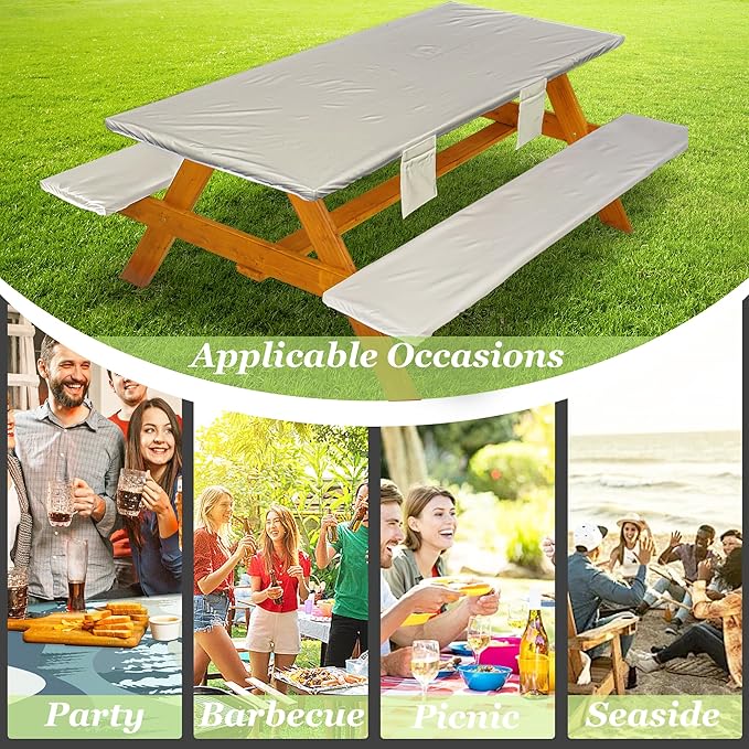 Picnic Table Cover with Bench Covers Vinyl Elastic Edges Fitted Rectangle Seat Tables Waterproof 3-Piece72X30in Set Outdoor Rectangular Folding Backing Tablecloth for Camping Over SizeTie-Dye125