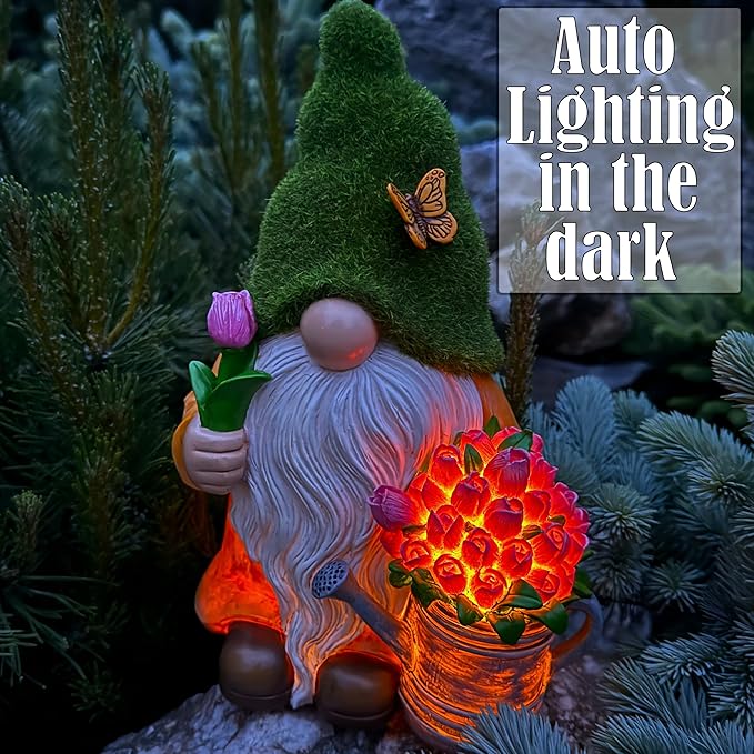 Mood Lab Garden Gnome - Solar Gnome Figurine with Tulips - 9.45 Inch Tall Flower Decor Outdoor Lawn Statue with LED Lights in Tulips