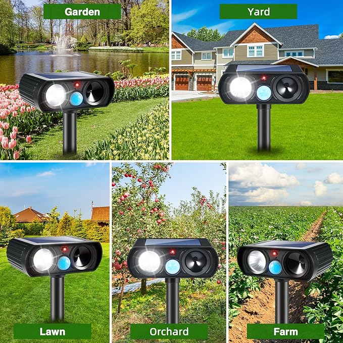 2025 4Pack Ultrasonic Animal Repellent Outdoor Solar Animal Repeller witht Motion Sensor&LED Strober Ligh Cat Deterrent Outdoor Deer Repellent Device to Scare Raccoon Squirrel Skunk Rabbit Fox Dog